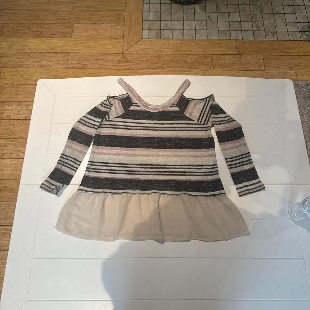 Living Doll Girls Striped Cold Shoulder Tunic Top with Chiffon Ruffle